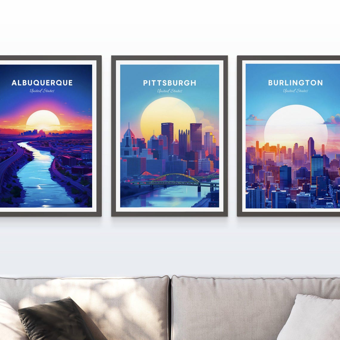 Pittsburgh United States Sunset Skyline with River Bridge Poster - Image 3