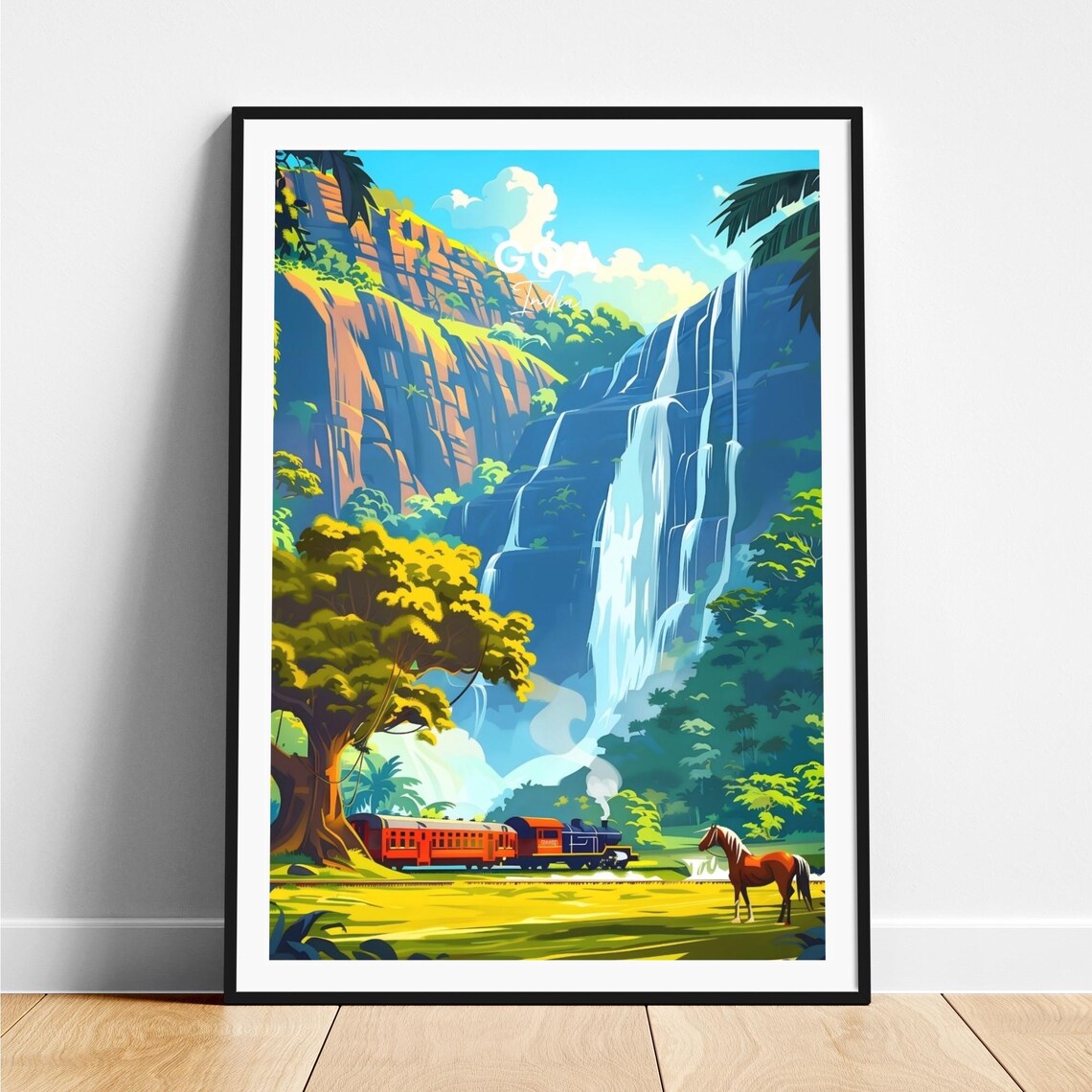 Goa India Jungle Waterfall Steam Train Horse Vintage Travel Poster