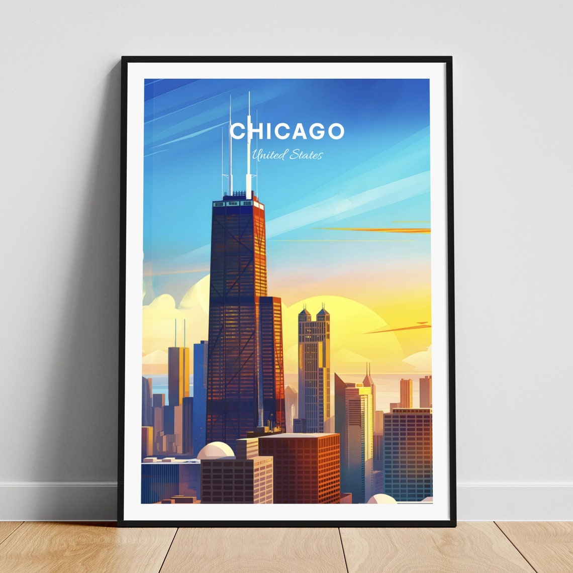 Chicago Illinois John Hancock Center Sunset Skyline Travel Art Poster