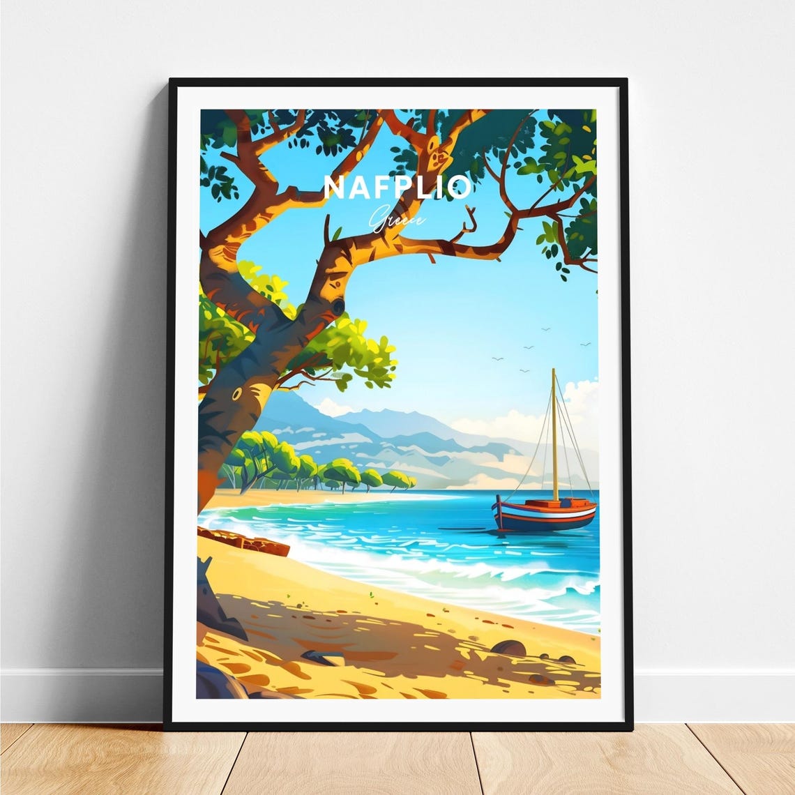 Nafplio Greece Sandy Beach Pine Tree Sailboat Shoreline Travel Poster