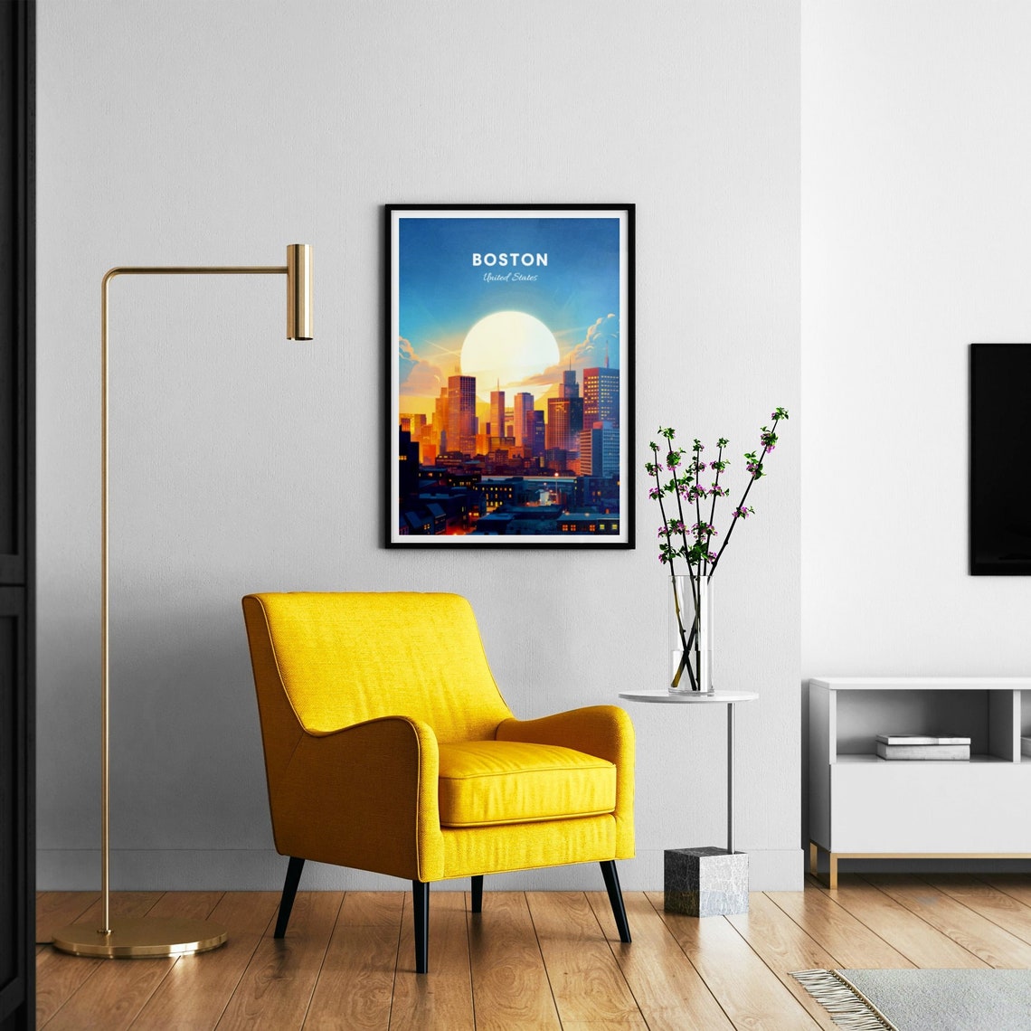 Boston Massachusetts Sunset Skyline Golden Light City Travel Poster - Image 3