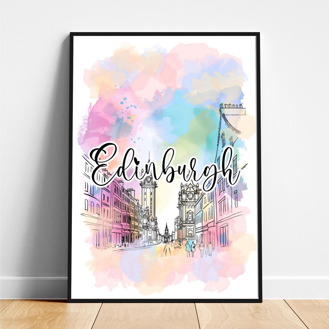 Edinburgh Scotland Historic Street Watercolor Travel Art Poster
