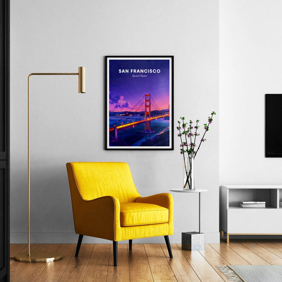 San Francisco Golden Gate Bridge Glowing Night Lights Starry Poster - Image 2