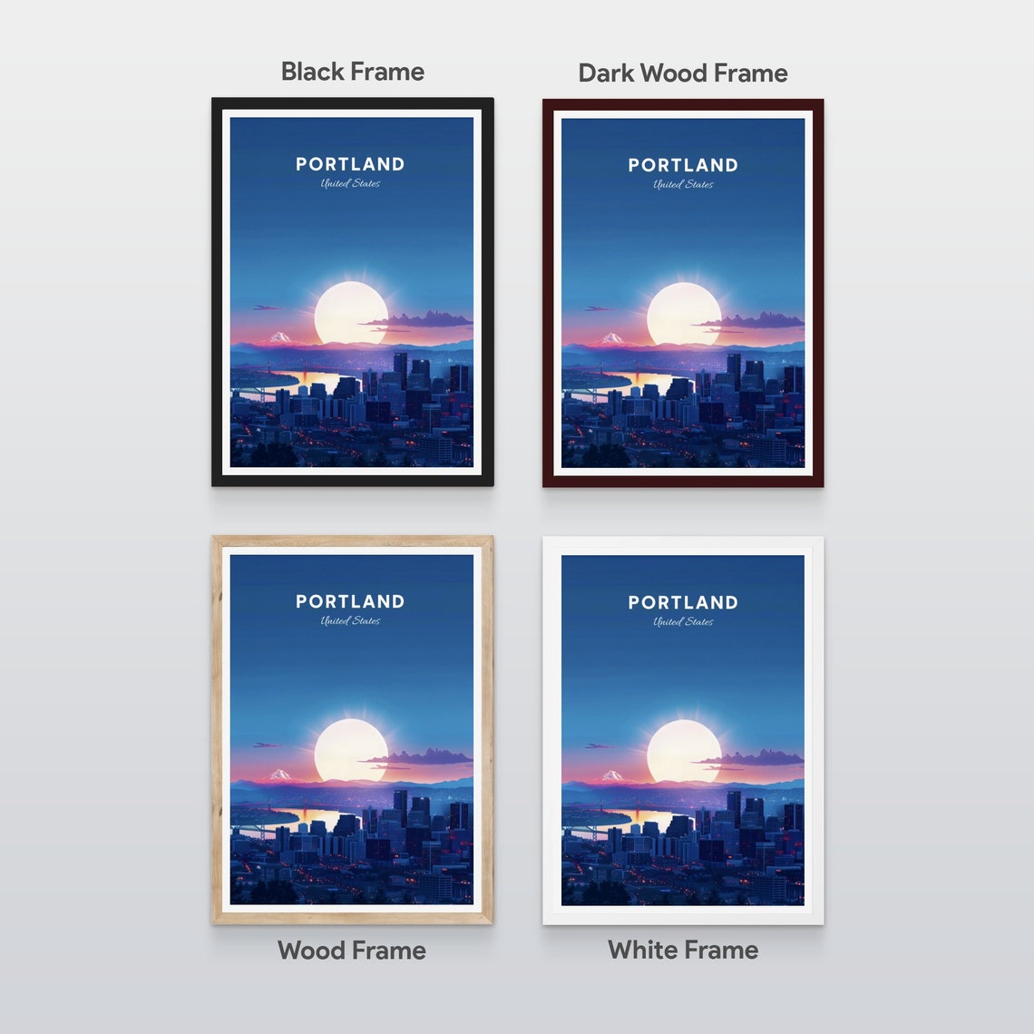 Portland Night Skyline with Mount Hood and Full Moon Travel Poster - Image 2