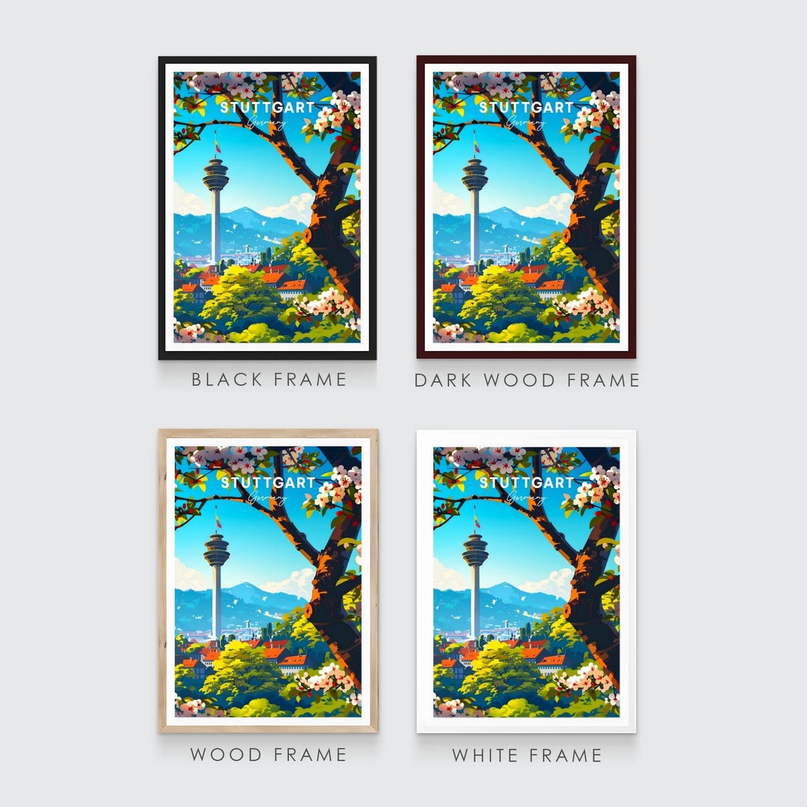 Stuttgart TV Tower Blossom Trees Spring Germany Travel Poster - Image 3