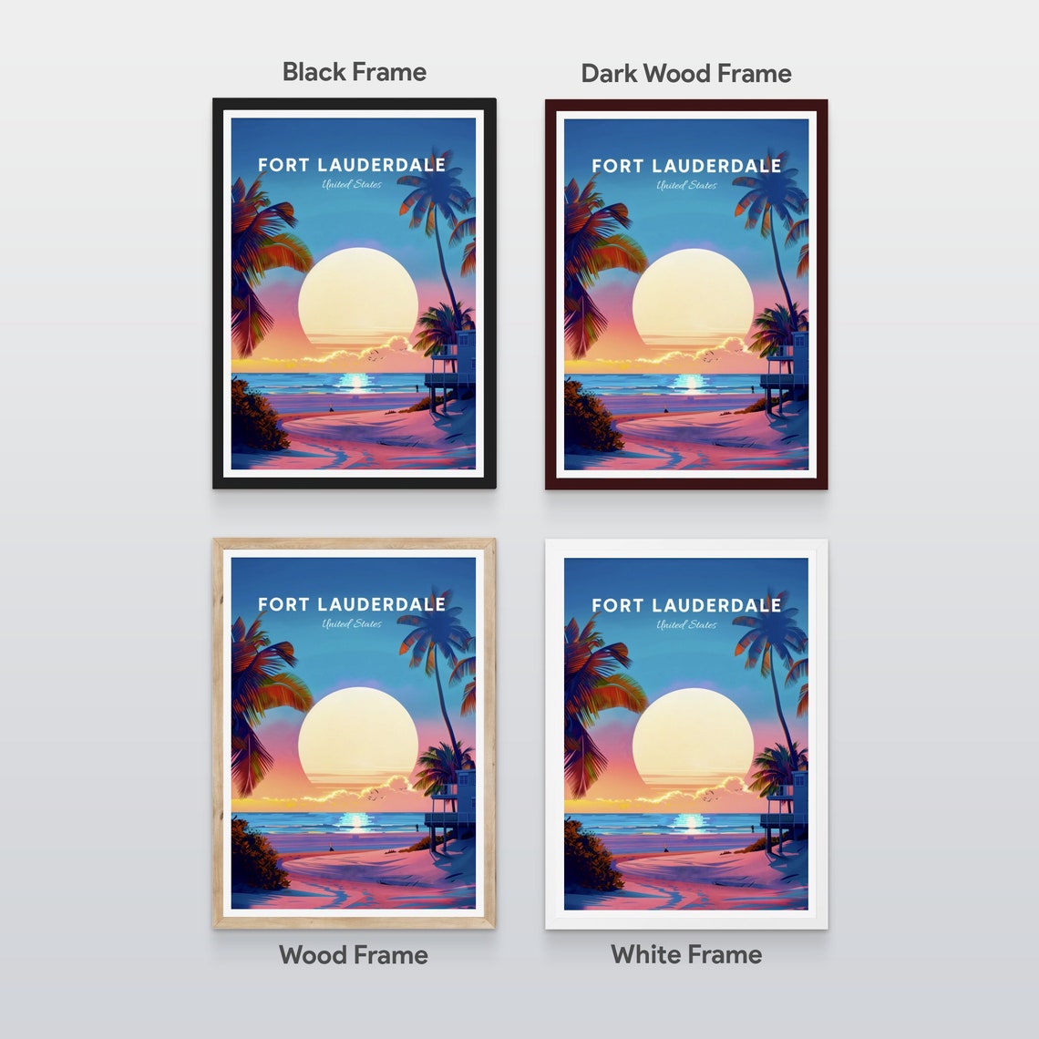 Fort Lauderdale Sunset Beach Lifeguard Tower Palm Trees Travel Poster - Image 2