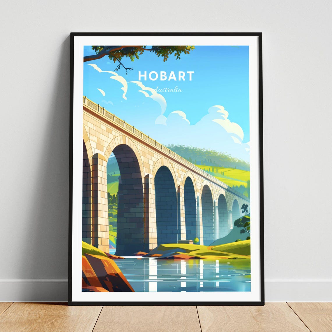 Hobart Australia Historic Stone Arch Bridge Over River Travel Poster