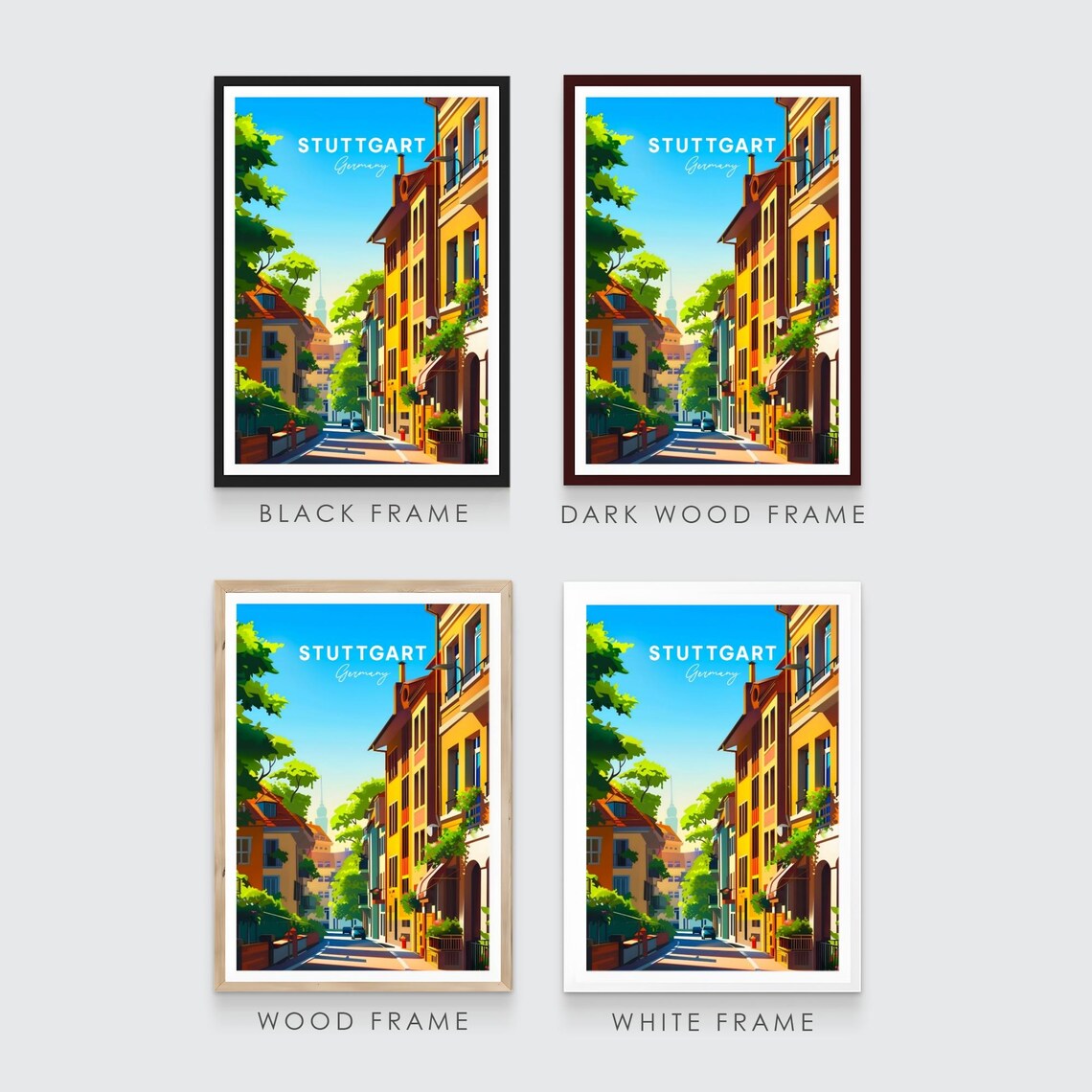 Stuttgart Sunny Residential Street Colorful Houses Travel Poster - Image 3