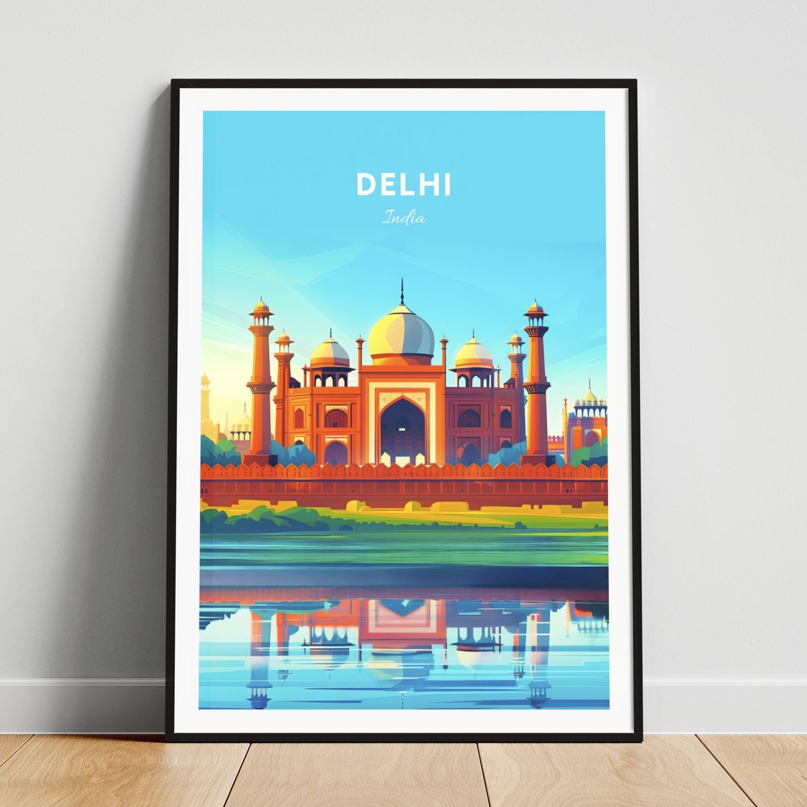 Delhi India Taj Mahal Water Reflection Vintage Travel Poster