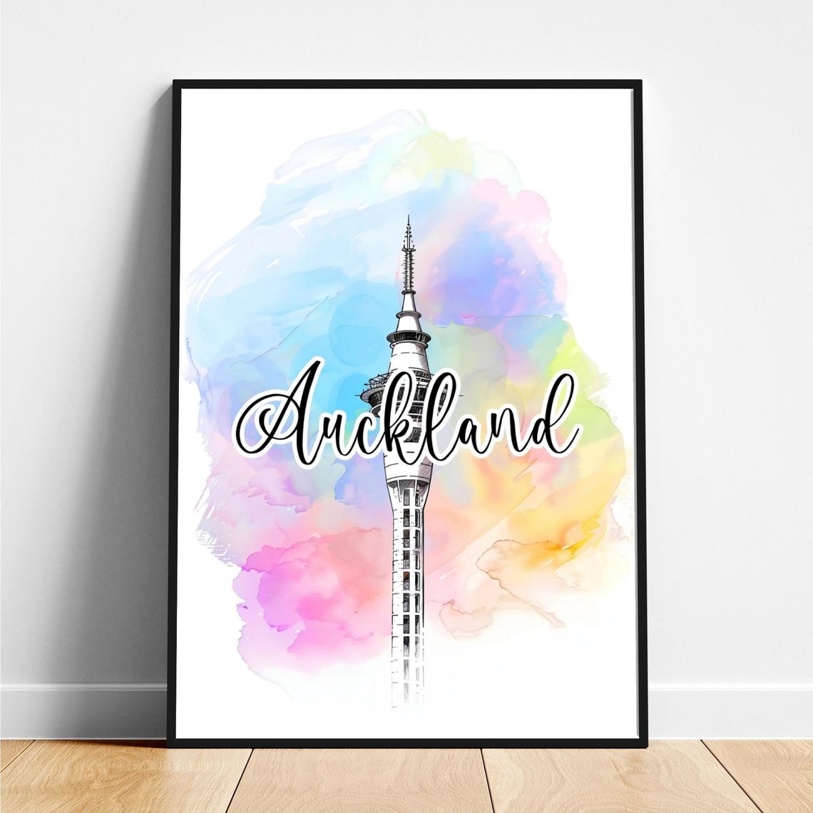 Auckland Sky Tower Watercolor Script Lettering Travel Poster