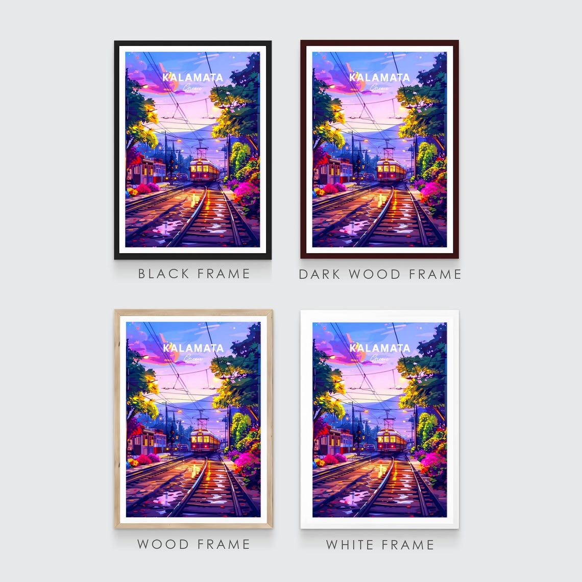 Kalamata Greece Tram Twilight Glowing Wet Tracks Travel Poster - Image 3