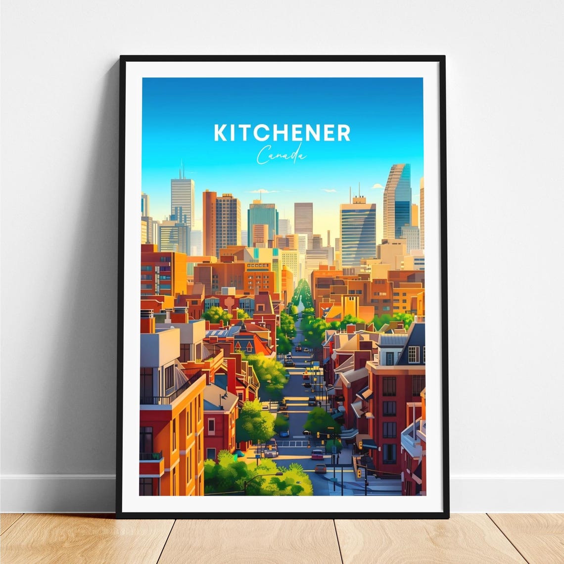 Kitchener Canada Brick Street Leading to Downtown Skyline Poster