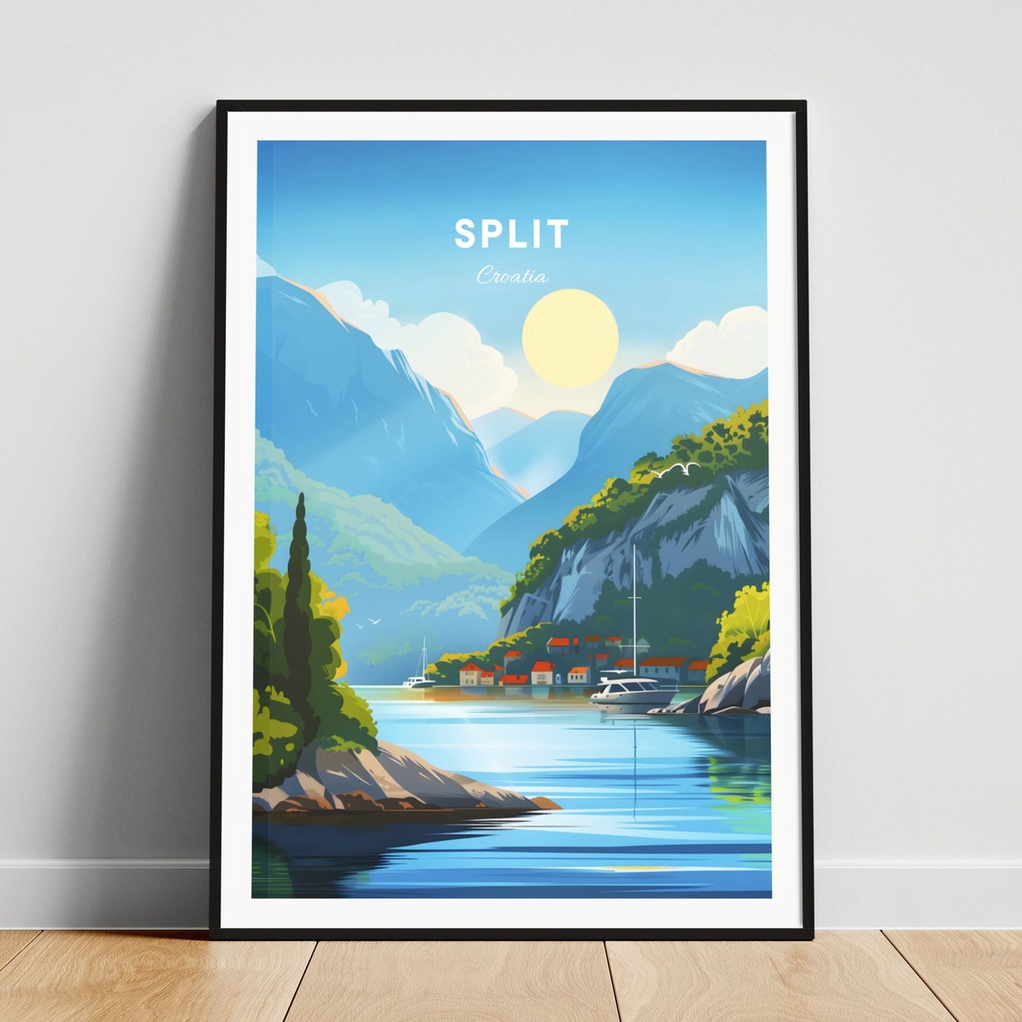 Split Croatia Scenic Bay Boats Mountains Blue Water Travel Poster