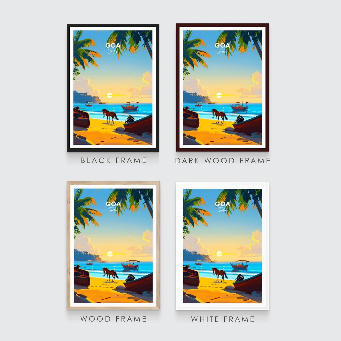 Goa India Golden Beach Boats Horse Sunset Coastal Travel Poster - Image 3