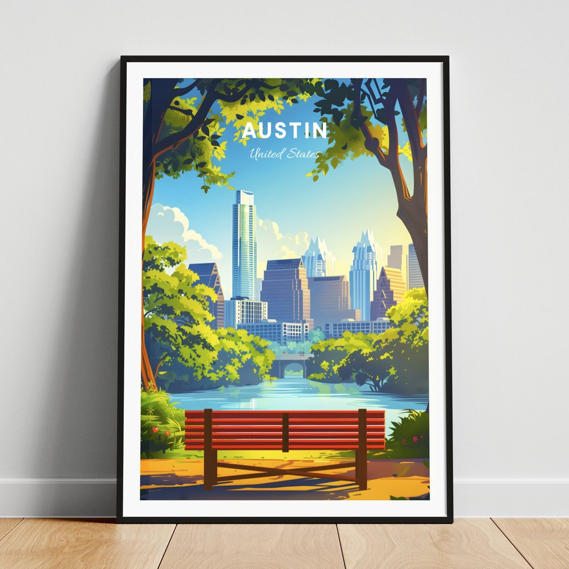 Sunny Austin Texas Skyline View from the River Park Bench Poster