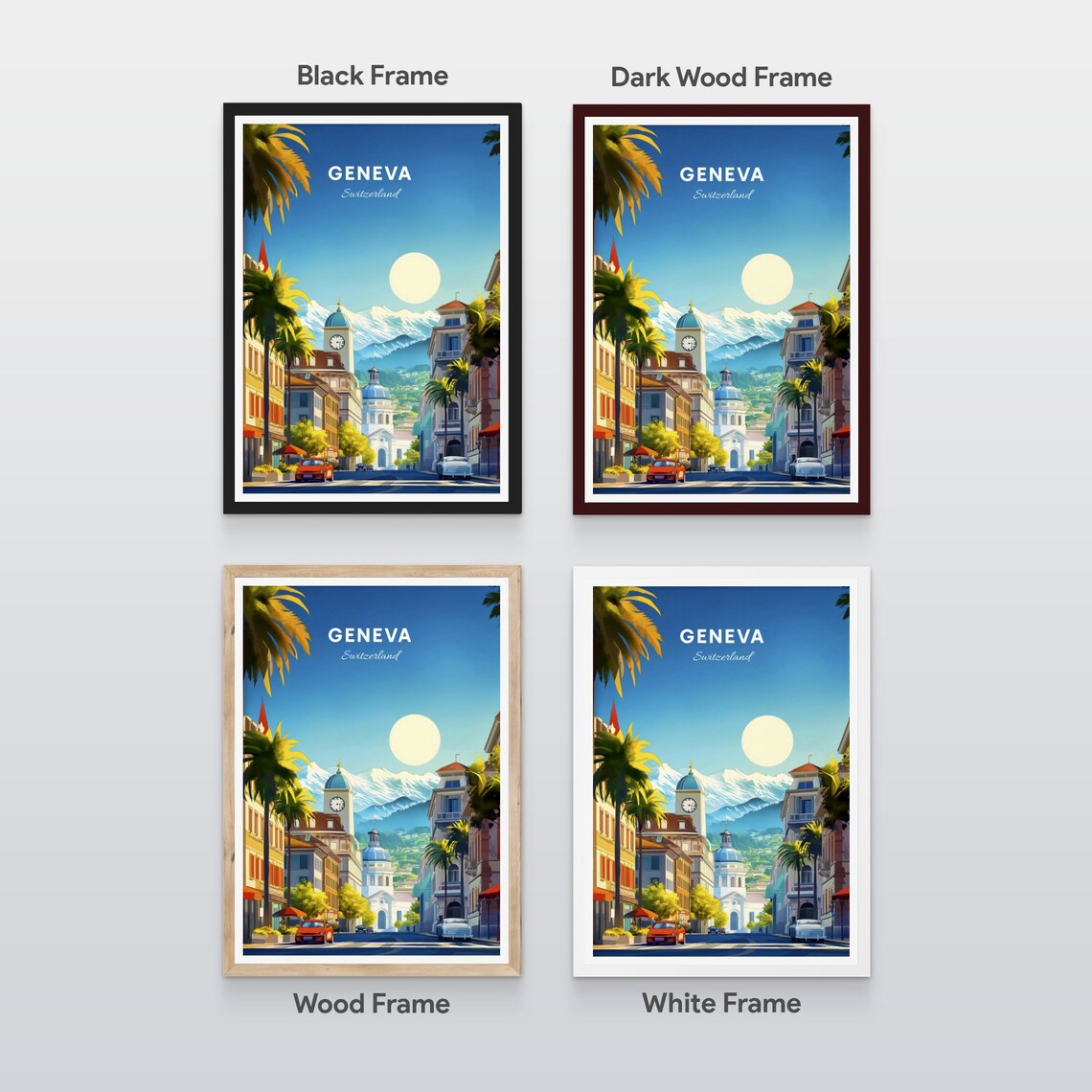 Geneva Switzerland Old Town Street Clock Tower Alpine Travel Poster - Image 2