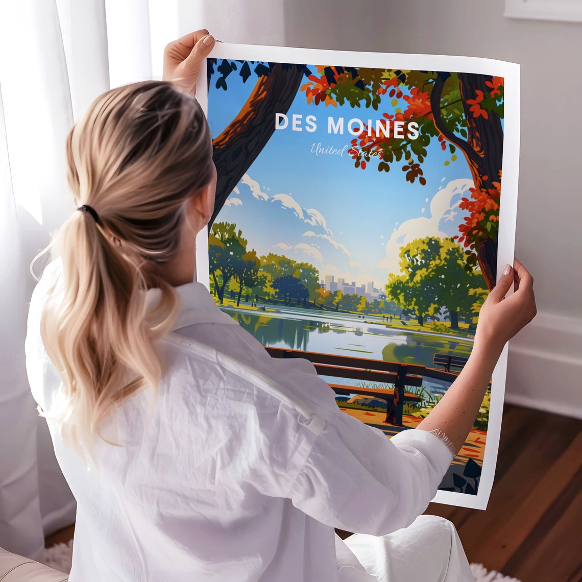 Des Moines Park Bench Beside the Calm Lake Summer Travel Poster - Image 3
