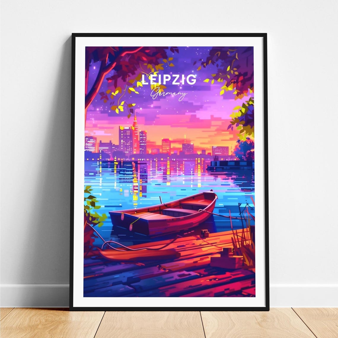 Leipzig Germany Night Lake Rowboat Neon City Skyline Travel Poster