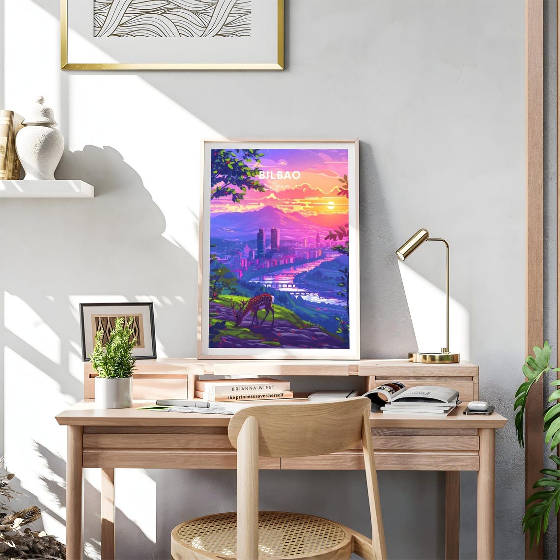 Bilbao Sunset City Skyline Hill Deer River Valley Travel Poster - Image 4
