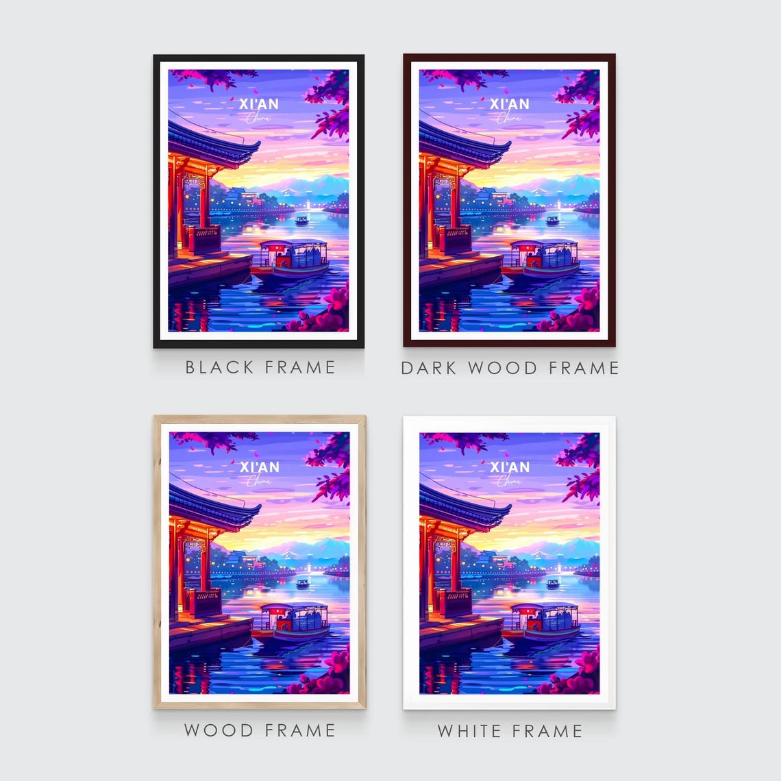 Xian China Riverside Pavilion Sunset Cruise Boat Scene Poster - Image 3