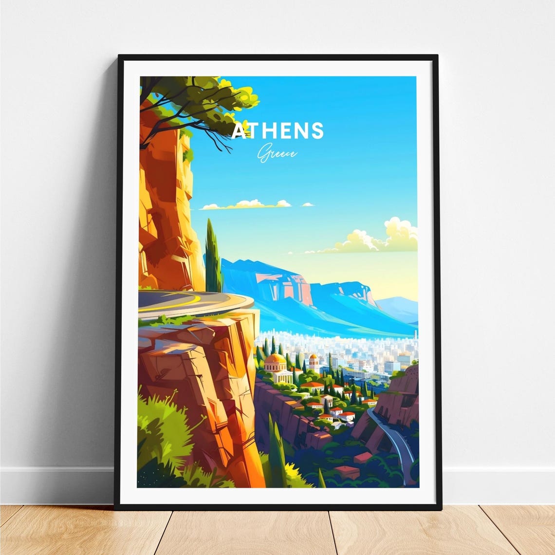 Athens Greece Cliff Road City Panorama Mountain View Travel Poster