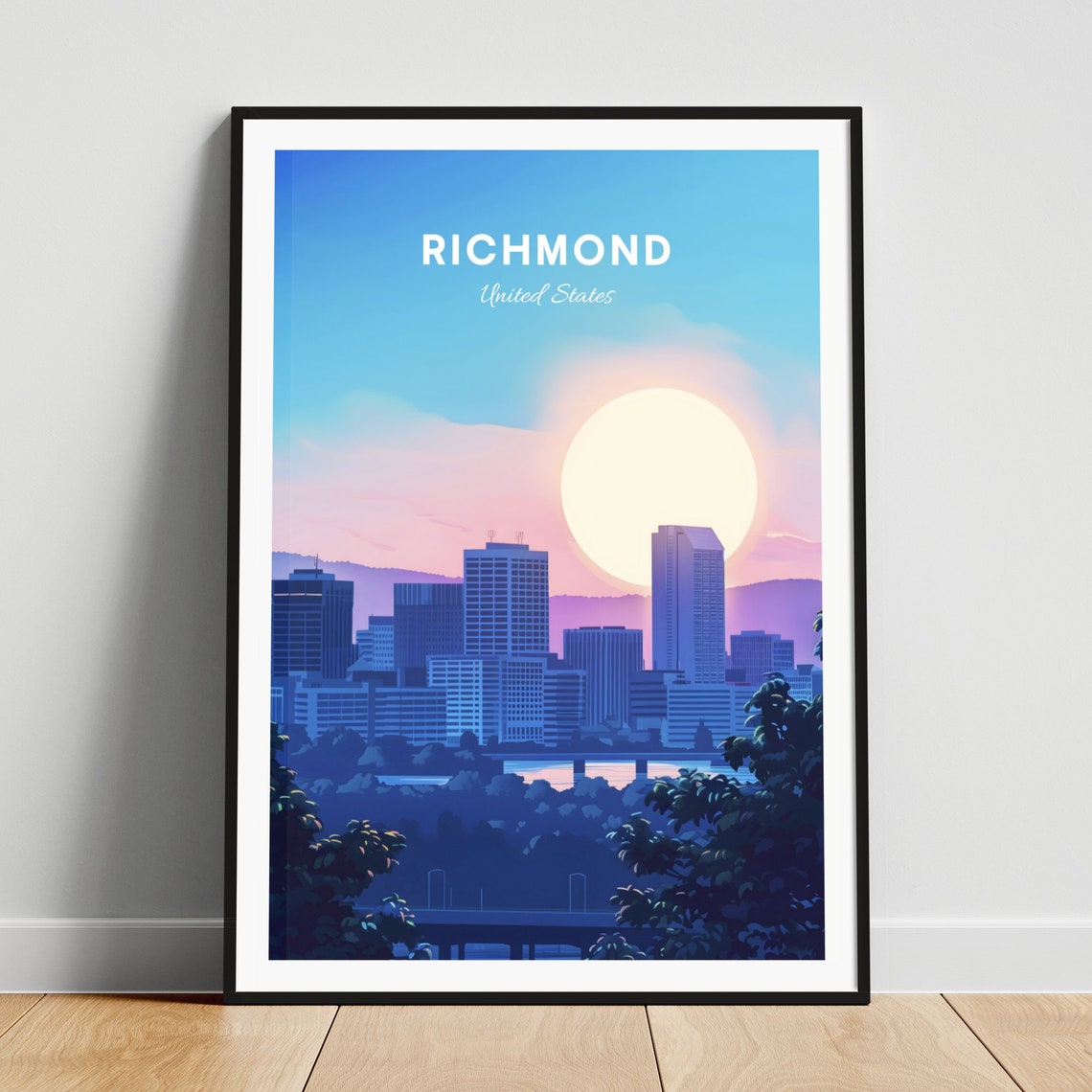 Richmond Downtown Skyline Sunset Big Sun Evening Travel Poster