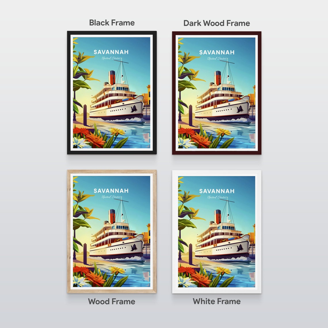 Savannah Steamship River Dock Tropical Flowers Georgia Travel Poster - Image 2