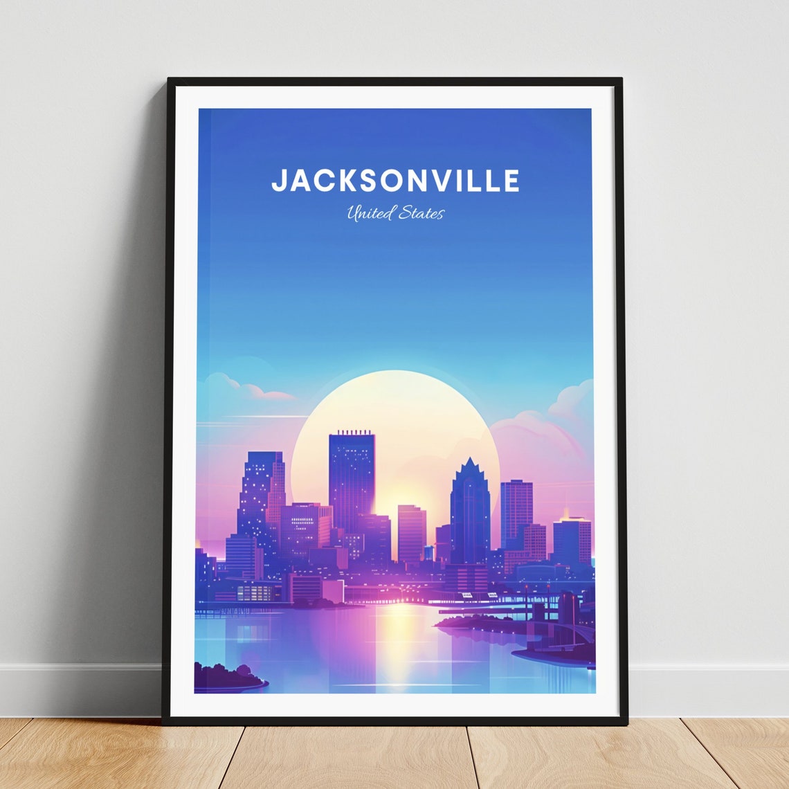 Jacksonville Florida Sunset Skyline over Water Travel Poster