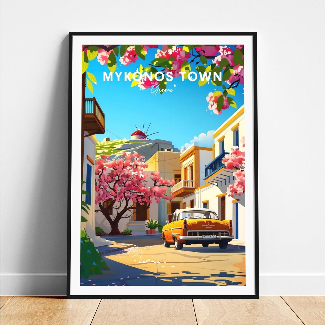 Mykonos Town Greece Classic Car Windmill Spring Travel Art Poster