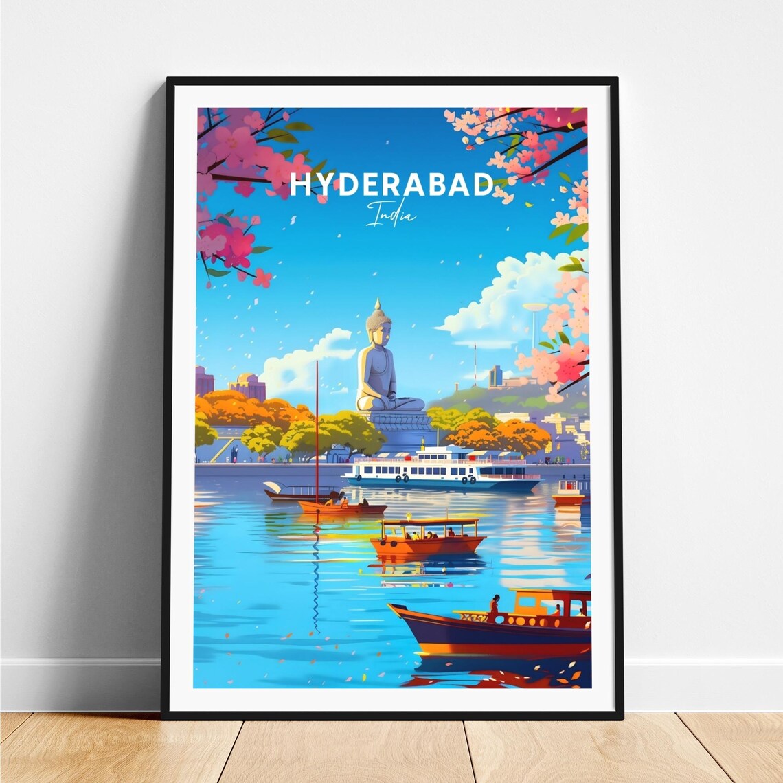 Hyderabad India Lakeside Buddha Statue Boats Scene Travel Poster