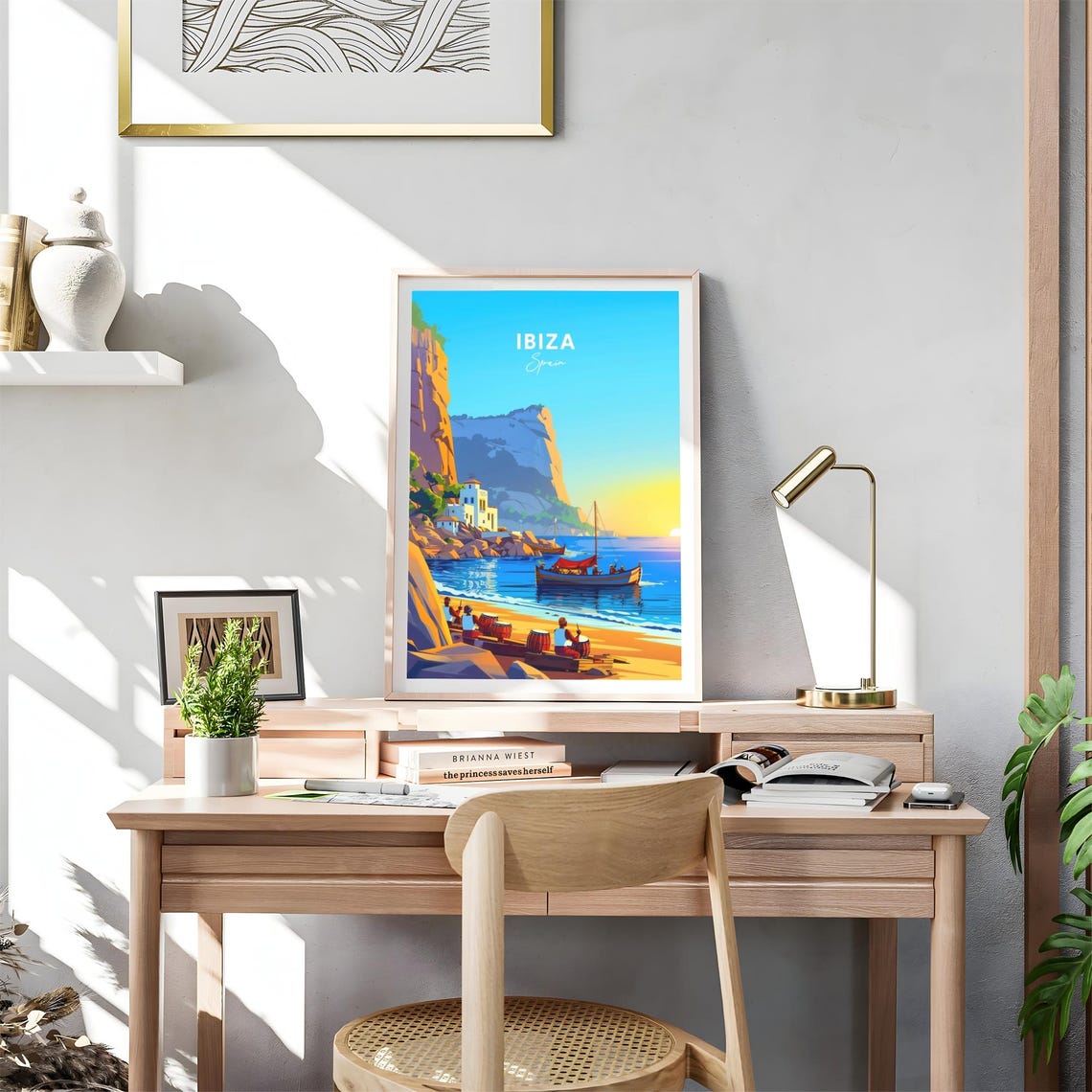 Ibiza Sunset Beach Cove Cliffs Boats Drummers Golden Travel Poster - Image 4
