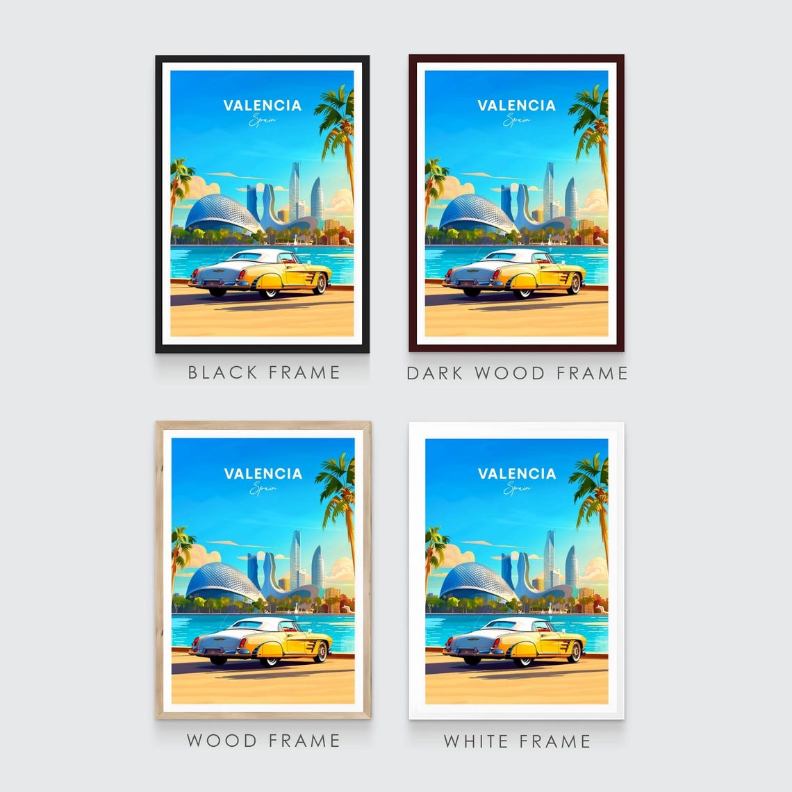 Valencia Modern Skyline Classic Yellow Car Seaside Travel Poster - Image 3