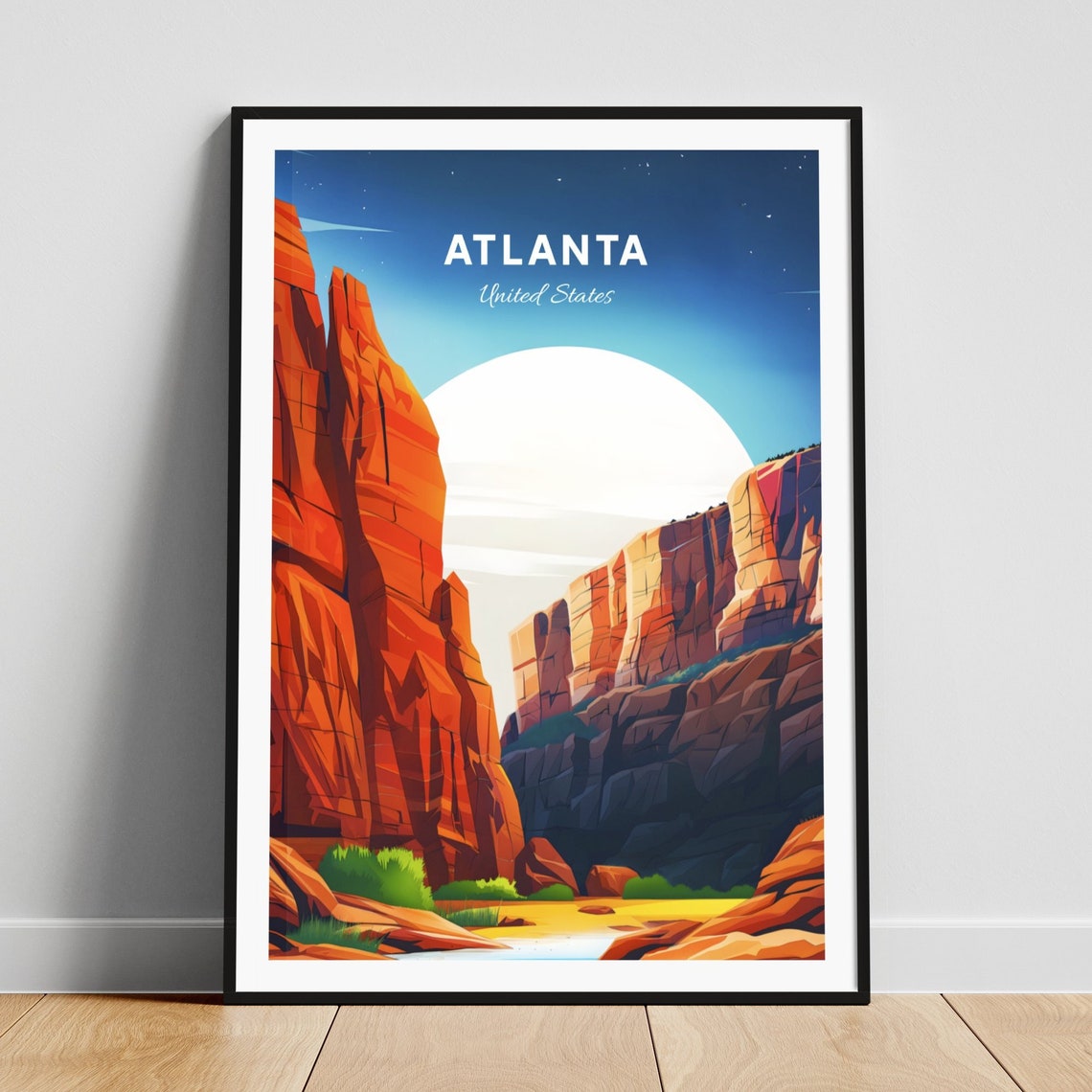 Atlanta Georgia Red Rock Gorge Night Moon Starry Retro Poster