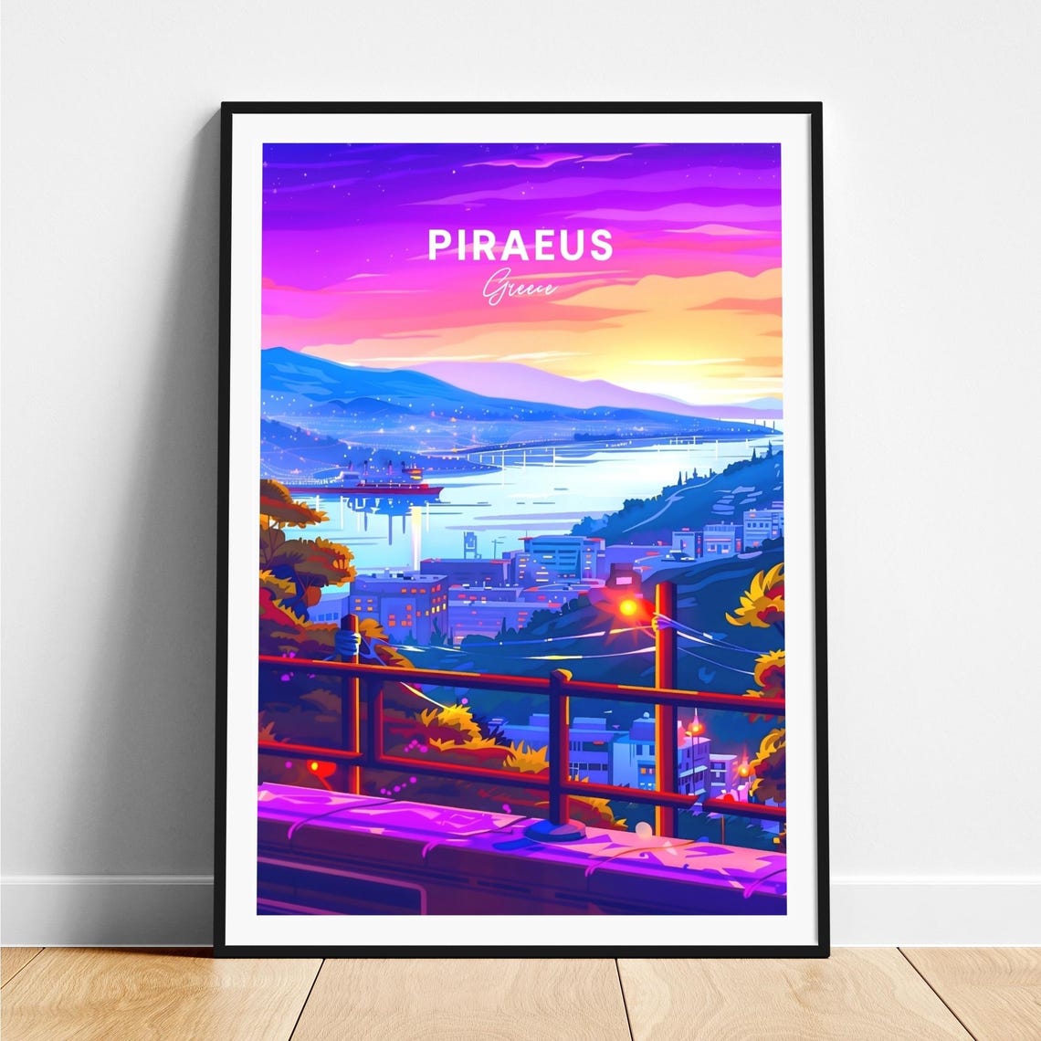 Piraeus Greece Sunset Harbor Panorama Neon Night Glow Travel Poster