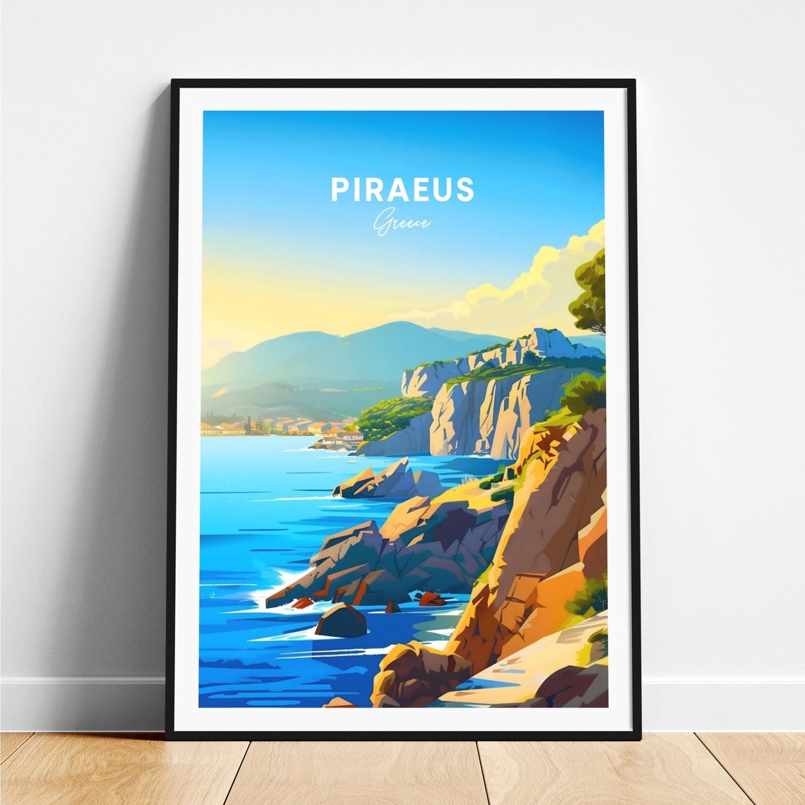 Piraeus Greece Rocky Cliffs Coastline Seaside Village Travel Poster