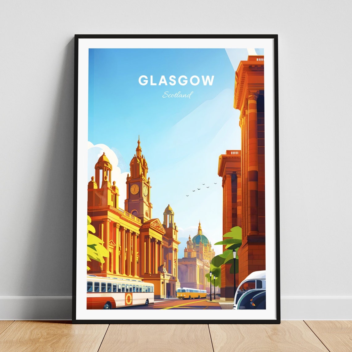 Glasgow Scotland Historic Clock Tower Bus Street Scene Poster