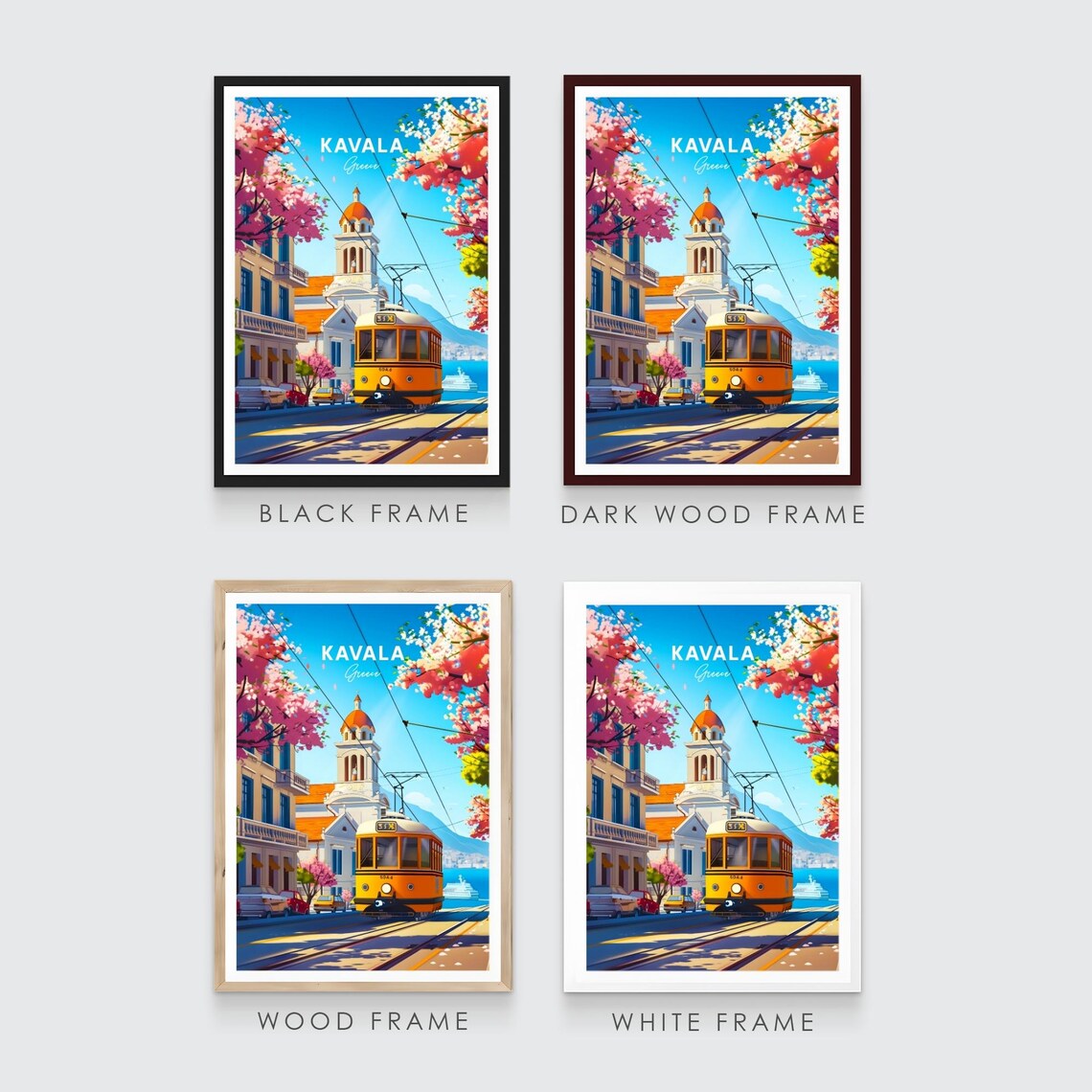 Kavala Greece Orange Tram by Clock Tower Church with Blossoms Poster - Image 3