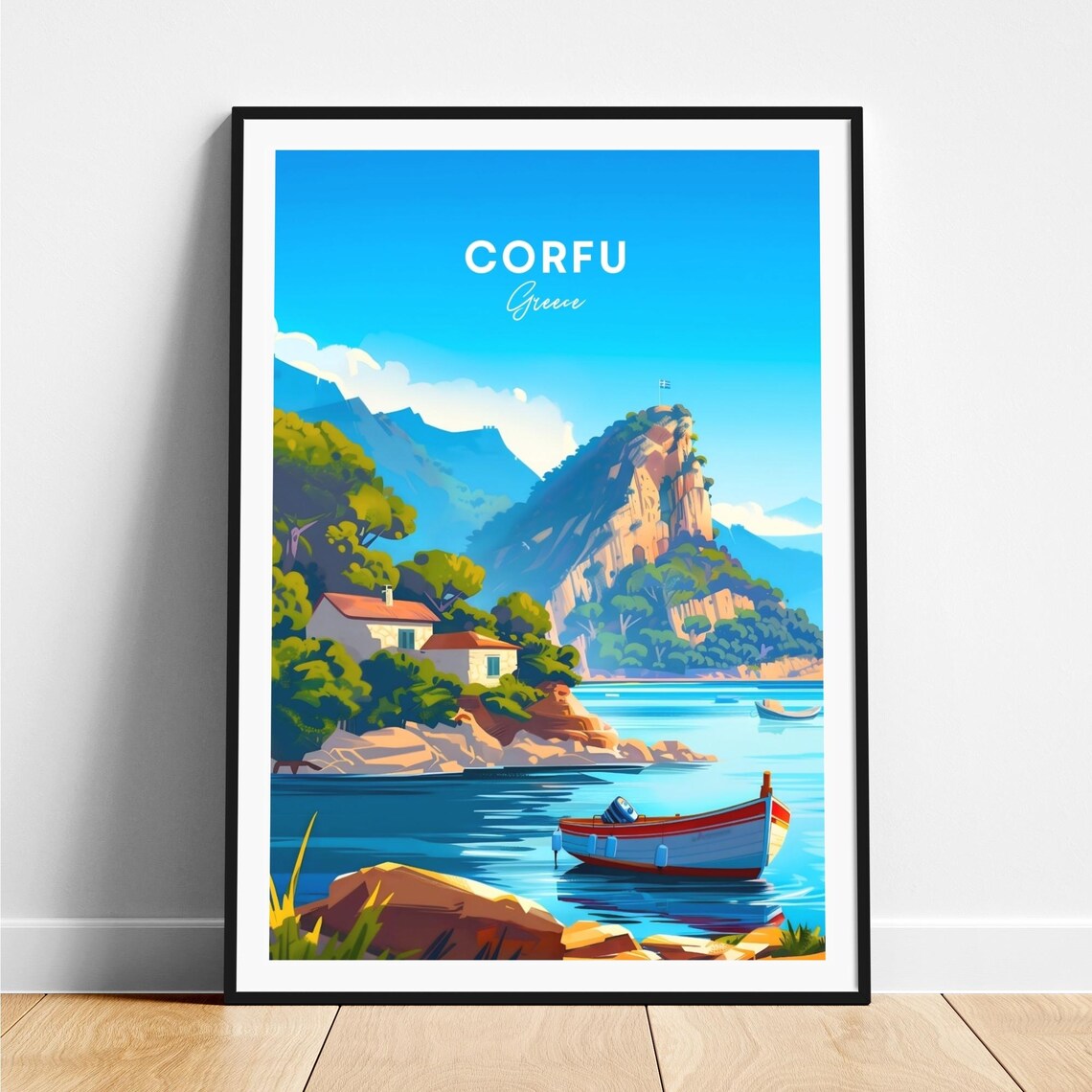 Corfu Greece Rocky Coastal Cove with Boats and Cliff Peak Poster