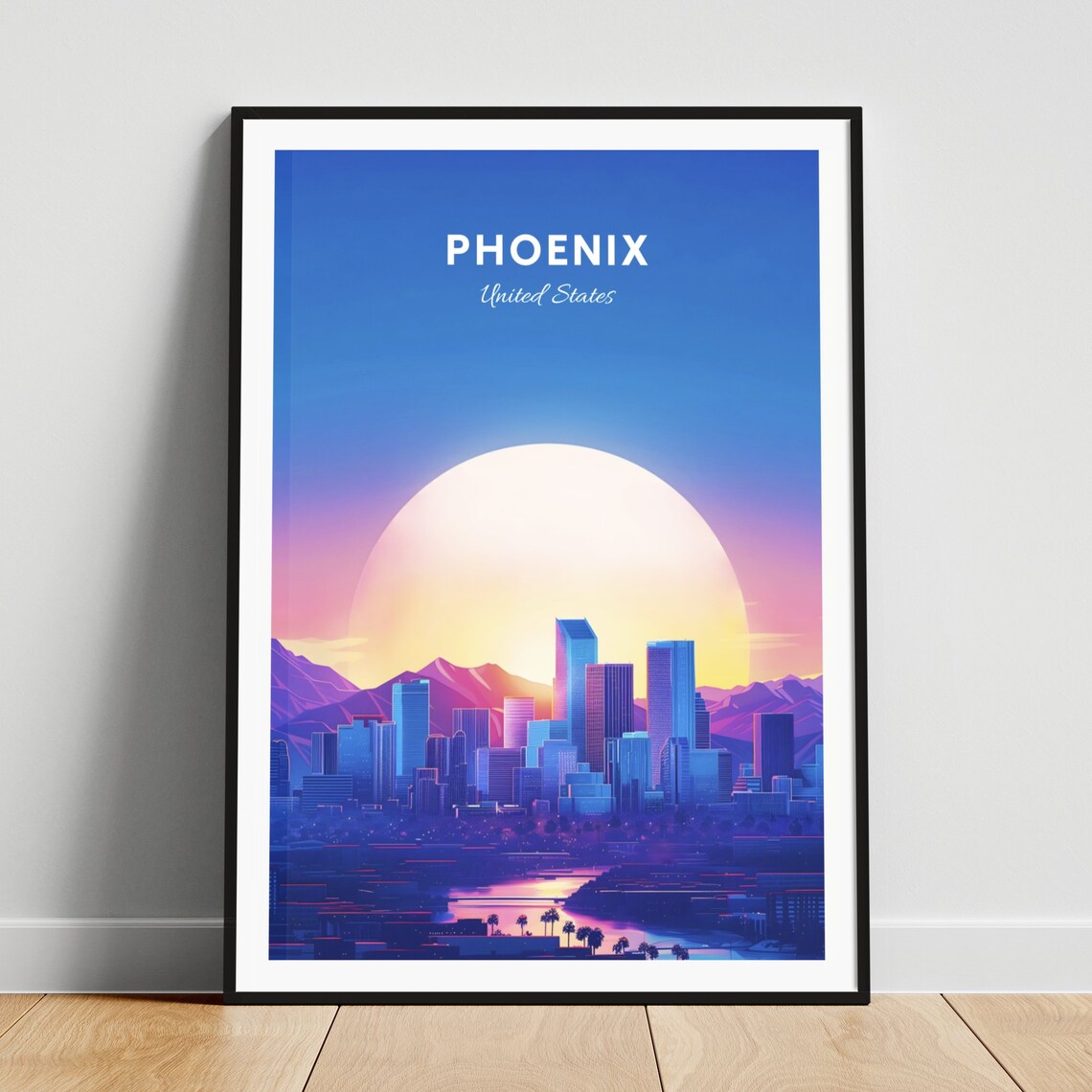 Phoenix Arizona Neon Sunset Skyline Desert City Retro Travel Poster