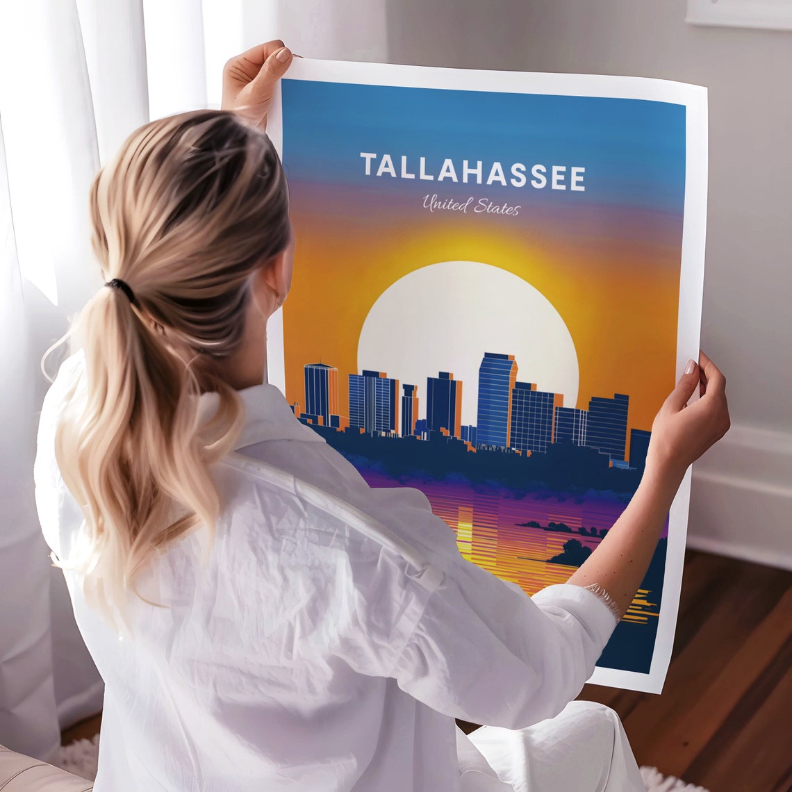 Tallahassee Florida Skyline Silhouette Over Water Sunset Poster - Image 3
