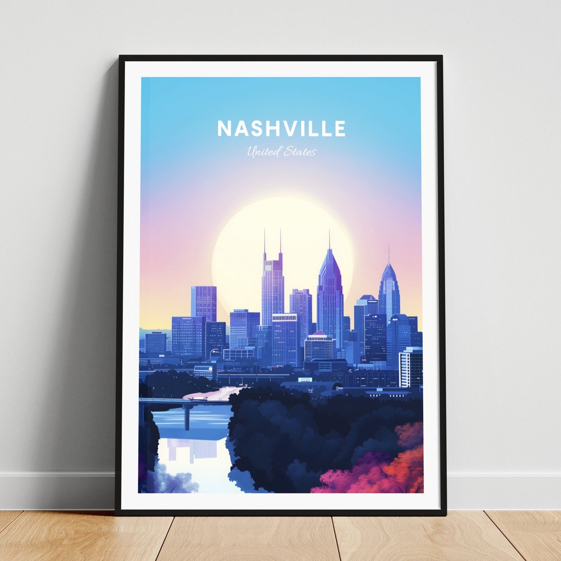 Nashville Skyline Sunrise Over the Cumberland River Travel Poster