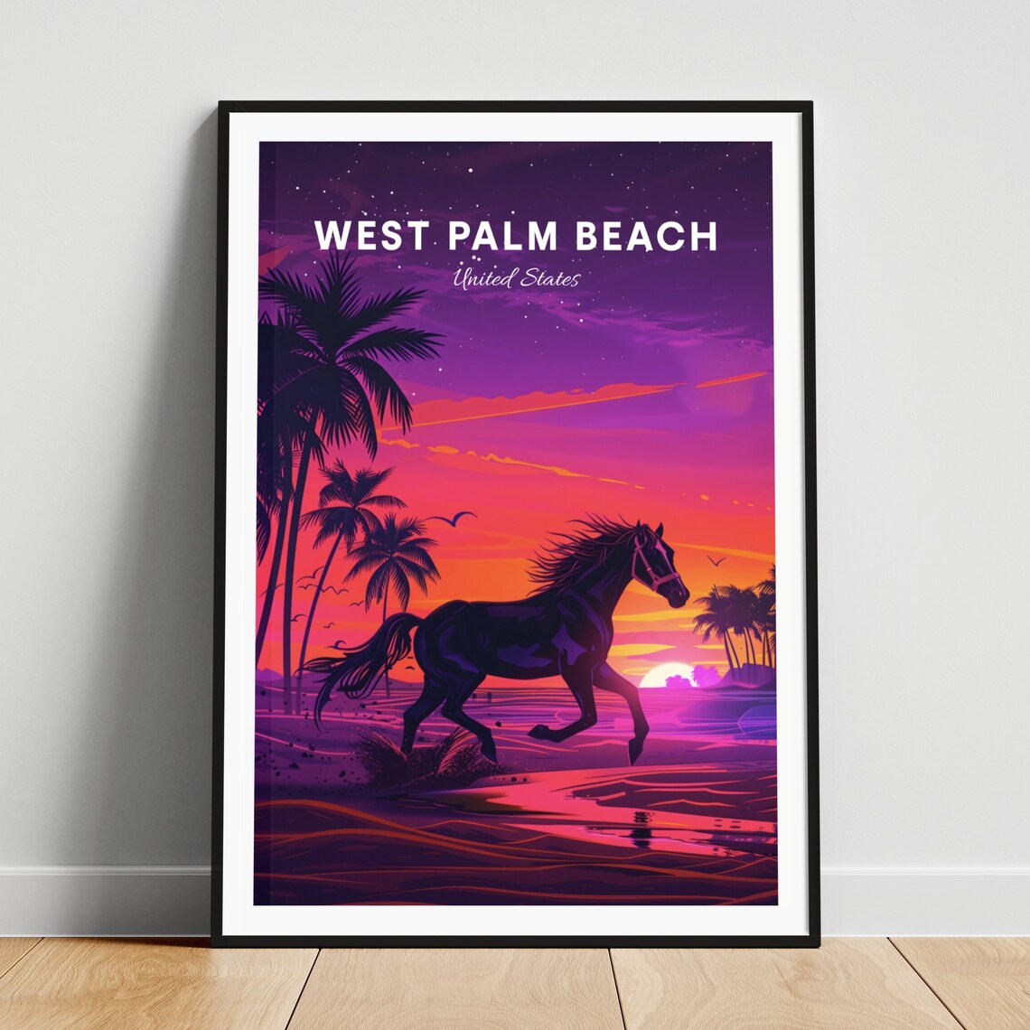 West Palm Beach Florida Night Beach Horse Sunset Run Travel Poster