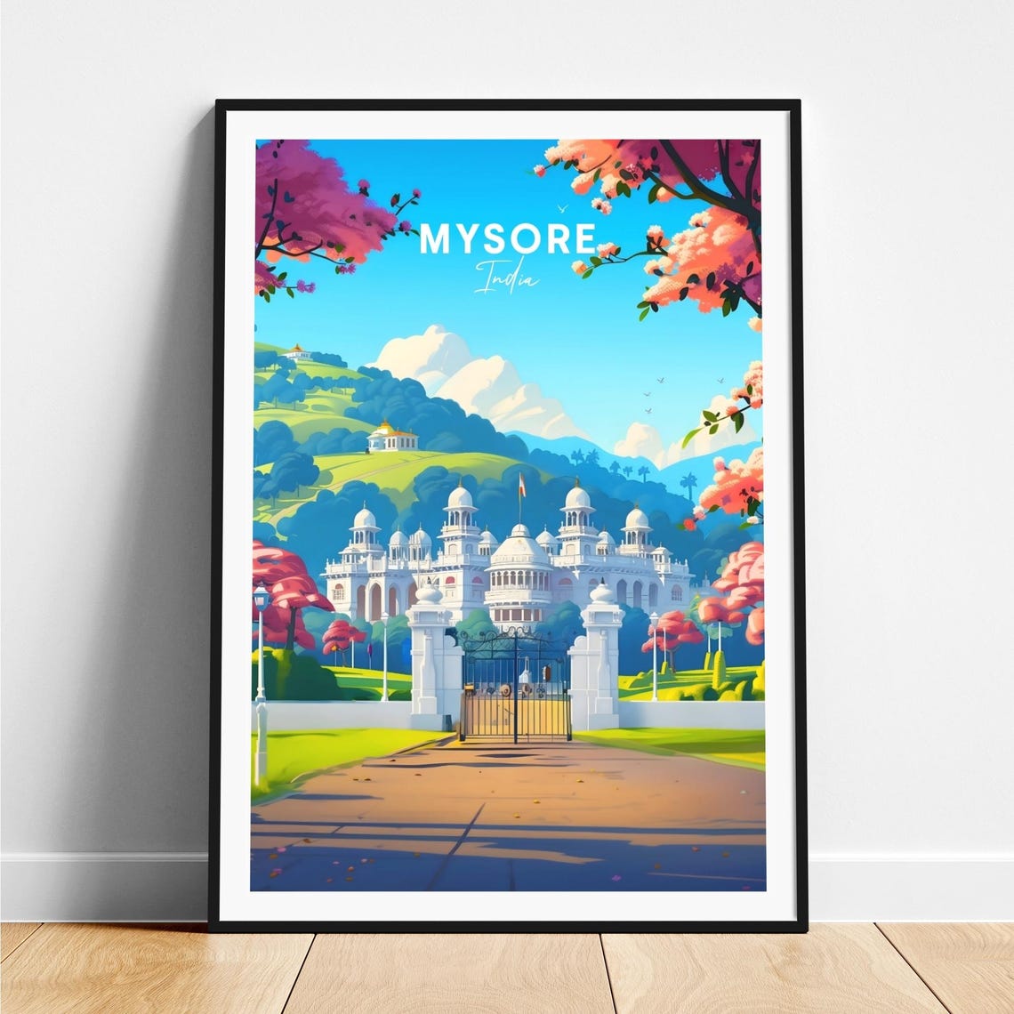 Mysore India White Palace in Gardens with Pink Blossoms Poster