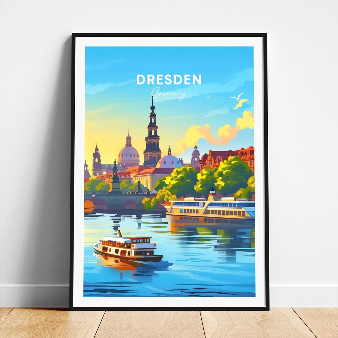 Dresden Germany Steamboat River Morning Skyline View Art Poster
