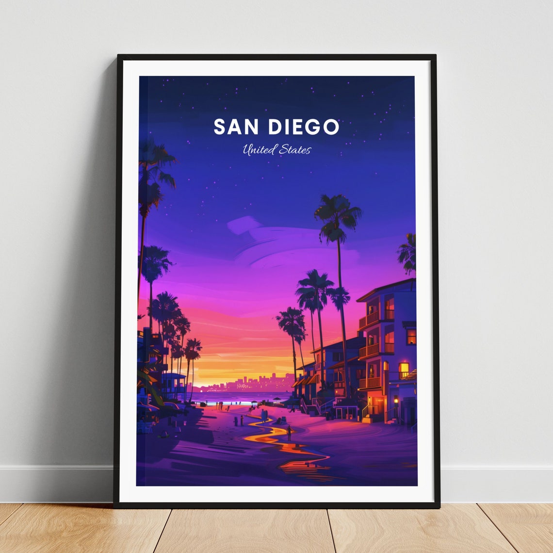 San Diego California Beach Boardwalk Twilight Palm Trees Travel Poster