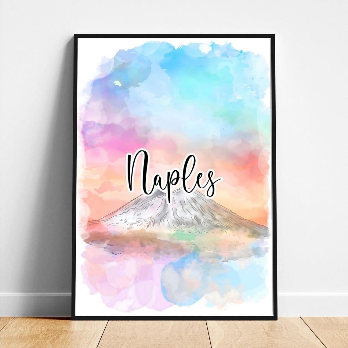 Naples Italy Mount Vesuvius Volcano Watercolor Travel Art Poster