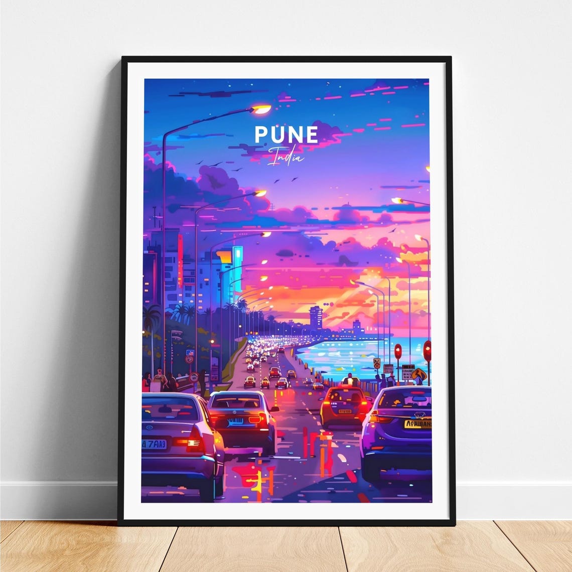 Vibrant Pune India Neon Sunset Highway Traffic Over Water Poster