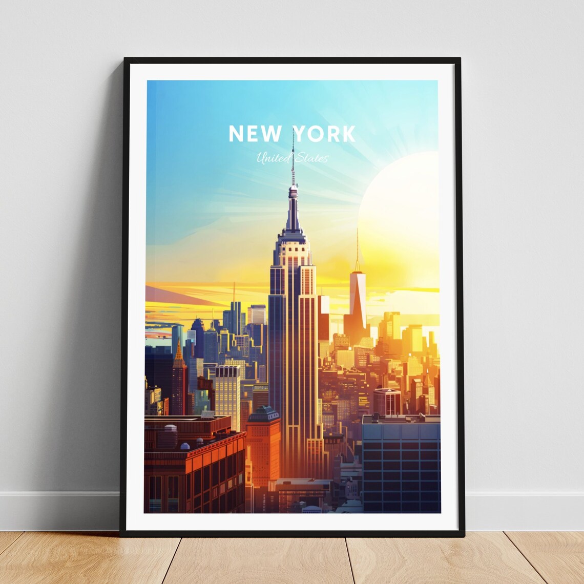 New York Empire State Sunset Rooftops One World Trade Vintage Travel Poster