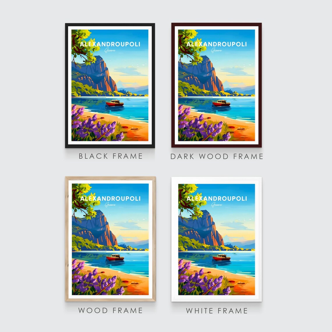 Alexandroupoli Greece Rocky Cliff Boat Flowers Travel Poster Art - Image 3