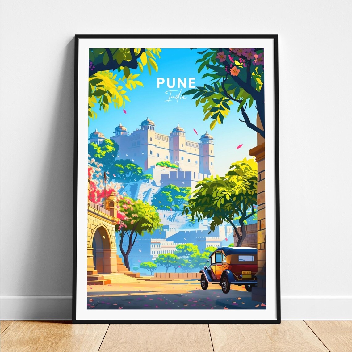 Pune India Hill Fort Vintage Car Historic Scene Travel Poster